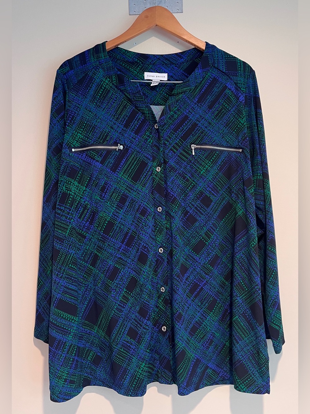Susan Graver Top 1X Dotted Abstract Tunic Button Front Moody Academic Dark QVC